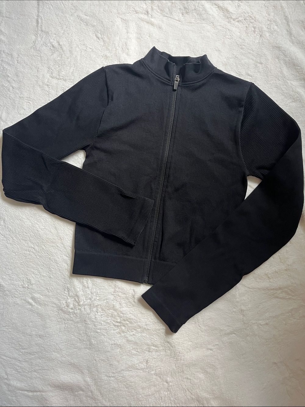 Women's Black Ribbed Zip-Up Bomber Jacket